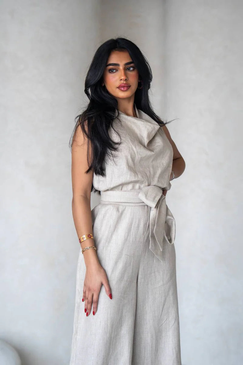 Linen jumpsuit in beige color C:196 Light Beige
