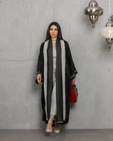 Black linen abaya with hand embroidery C:6453black