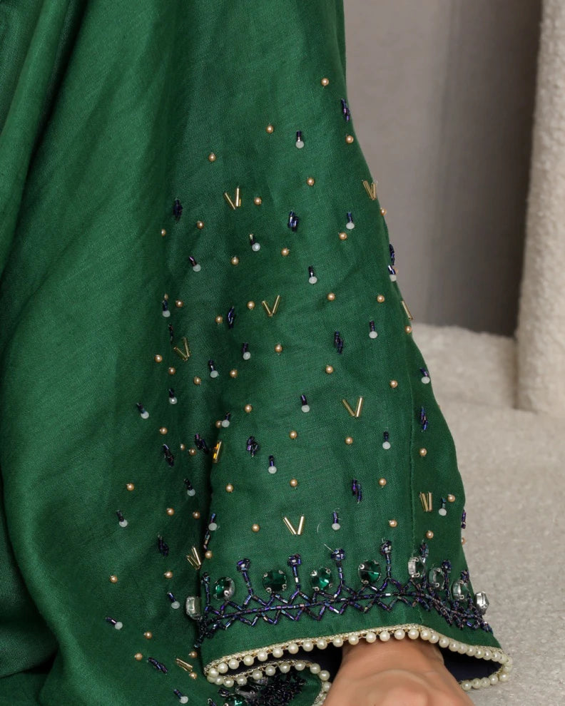 abaya Linen green handmade beads C:6453GREEN
