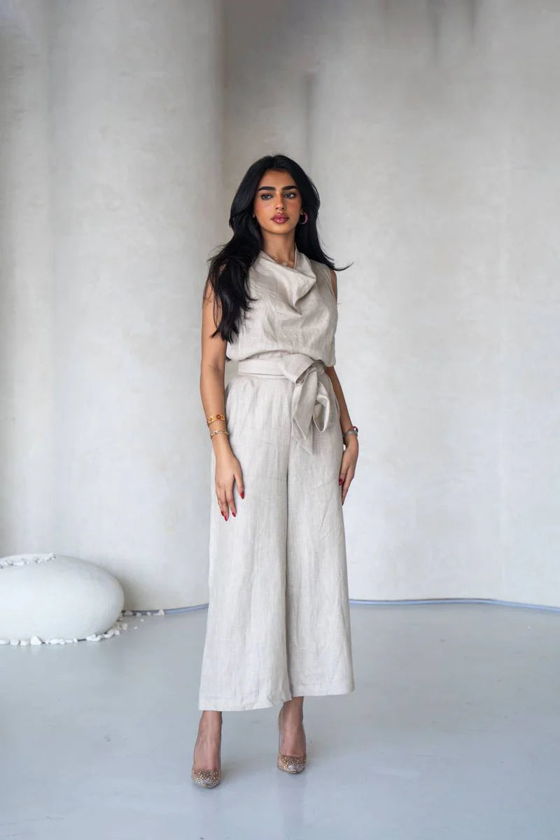 Linen jumpsuit in beige color C:196 Light Beige