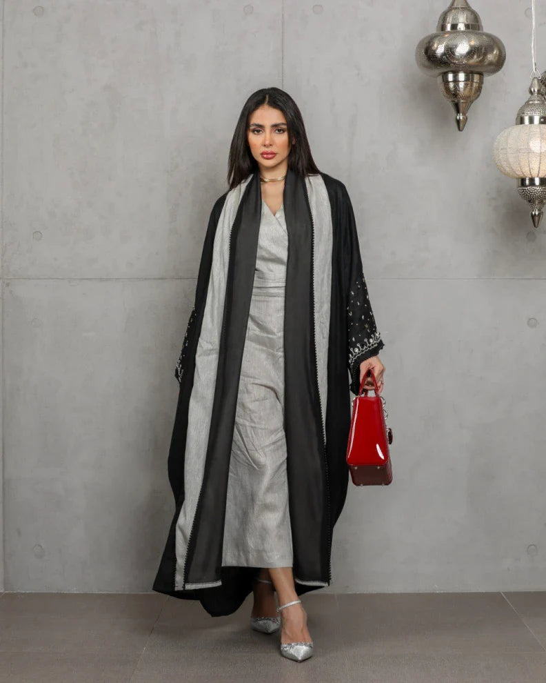 Black linen abaya with hand embroidery C:6453black