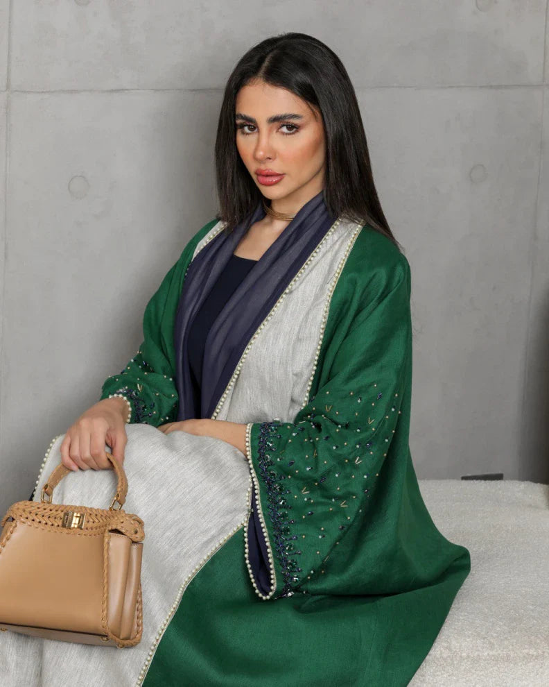 abaya Linen green handmade beads C:6453GREEN