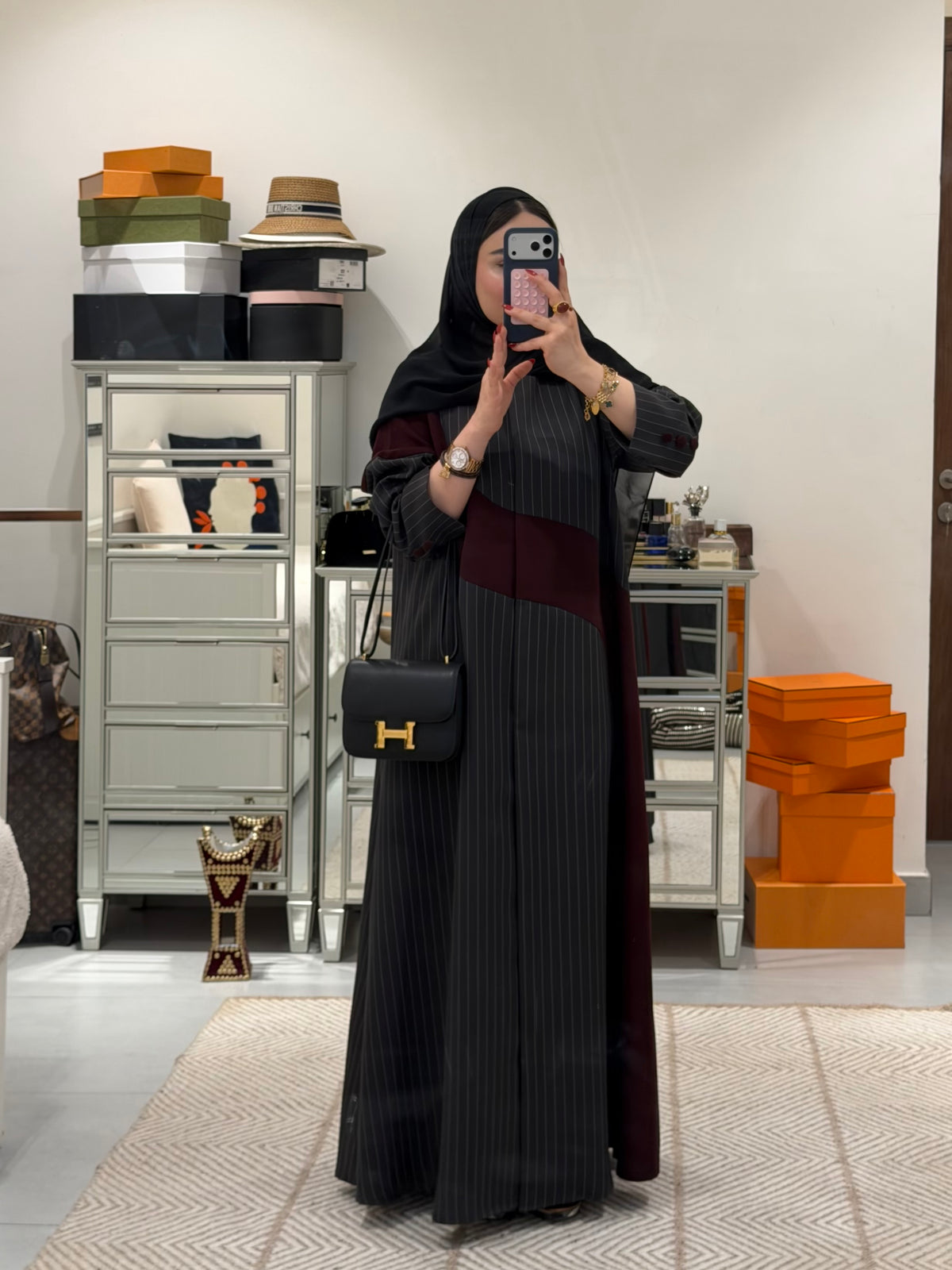 Black Crepe Abaya with Burgundy Trim – 2072