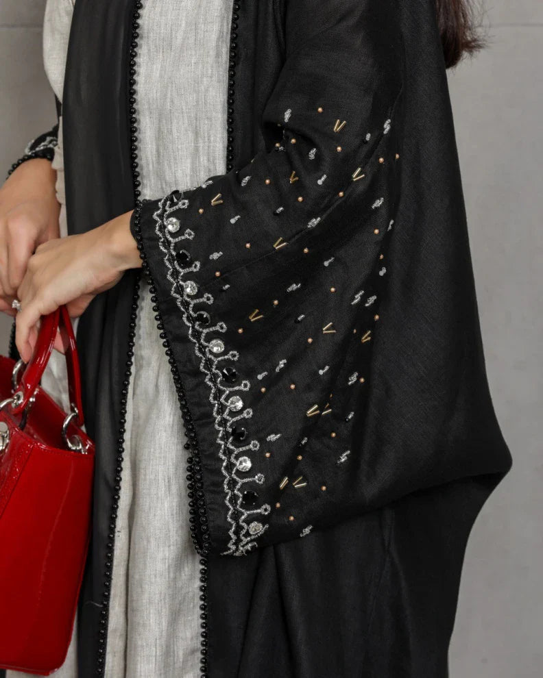 Black linen abaya with hand embroidery C:6453black