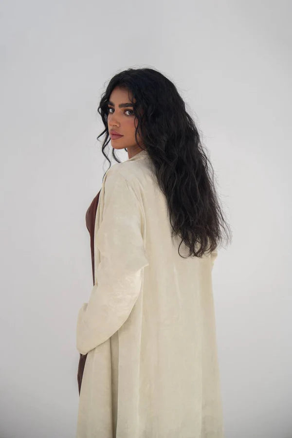 Beige crepe jacquard abaya C:6645