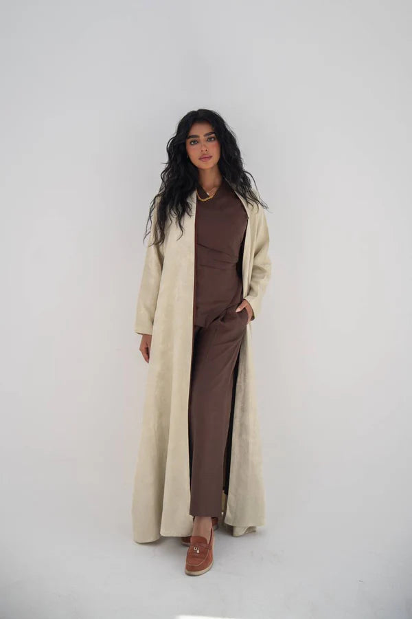 Beige crepe jacquard abaya C:6645