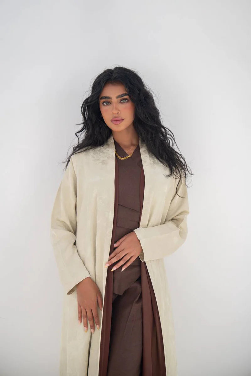 Beige crepe jacquard abaya C:6645