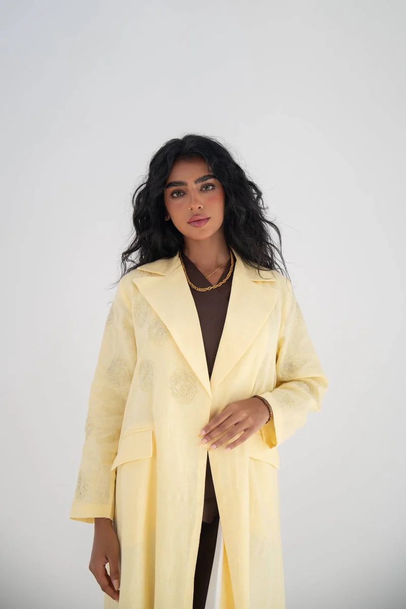 Butter yellow linen blazer abaya with hand embroidery C:6646