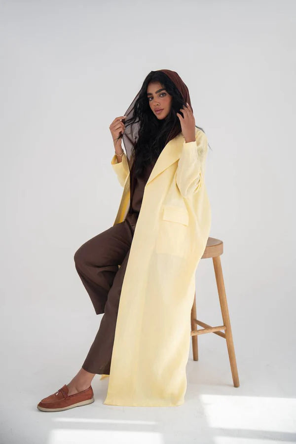 Butter yellow linen blazer abaya with hand embroidery C:6646
