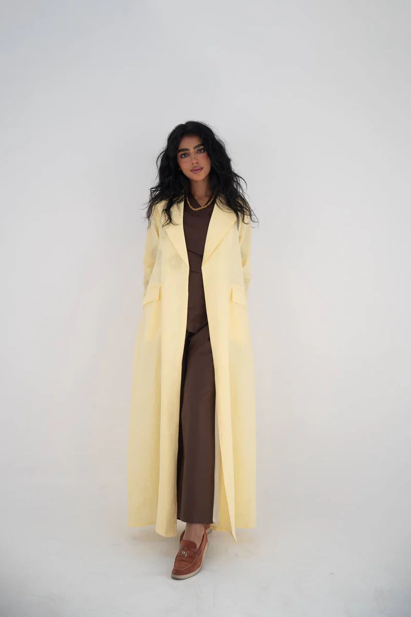 Butter yellow linen blazer abaya with hand embroidery C:6646