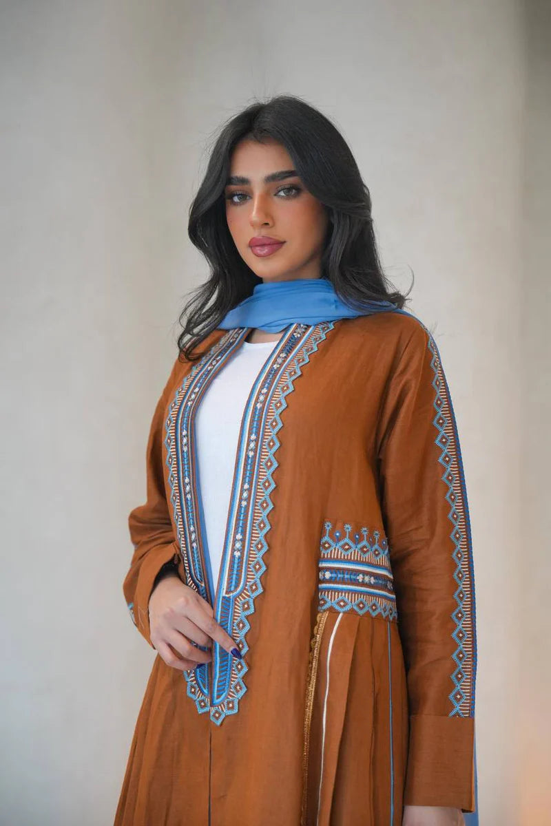 Linen abaya in camel color with embroidery C:6605 Brown
