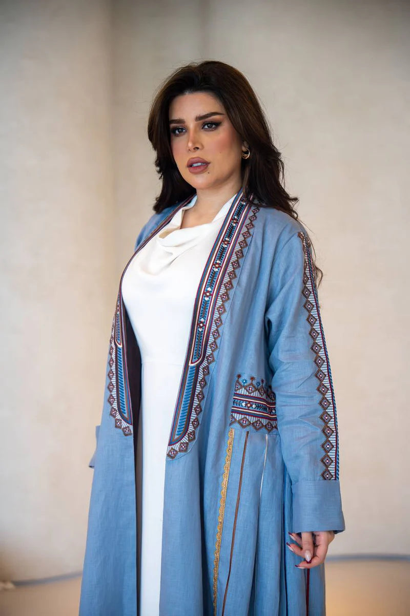 Sky blue linen abaya with embroidery C:6605