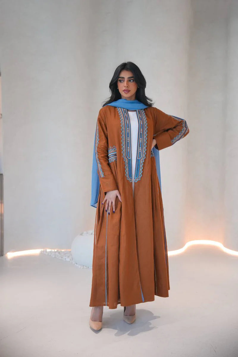 Linen abaya in camel color with embroidery C:6605 Brown