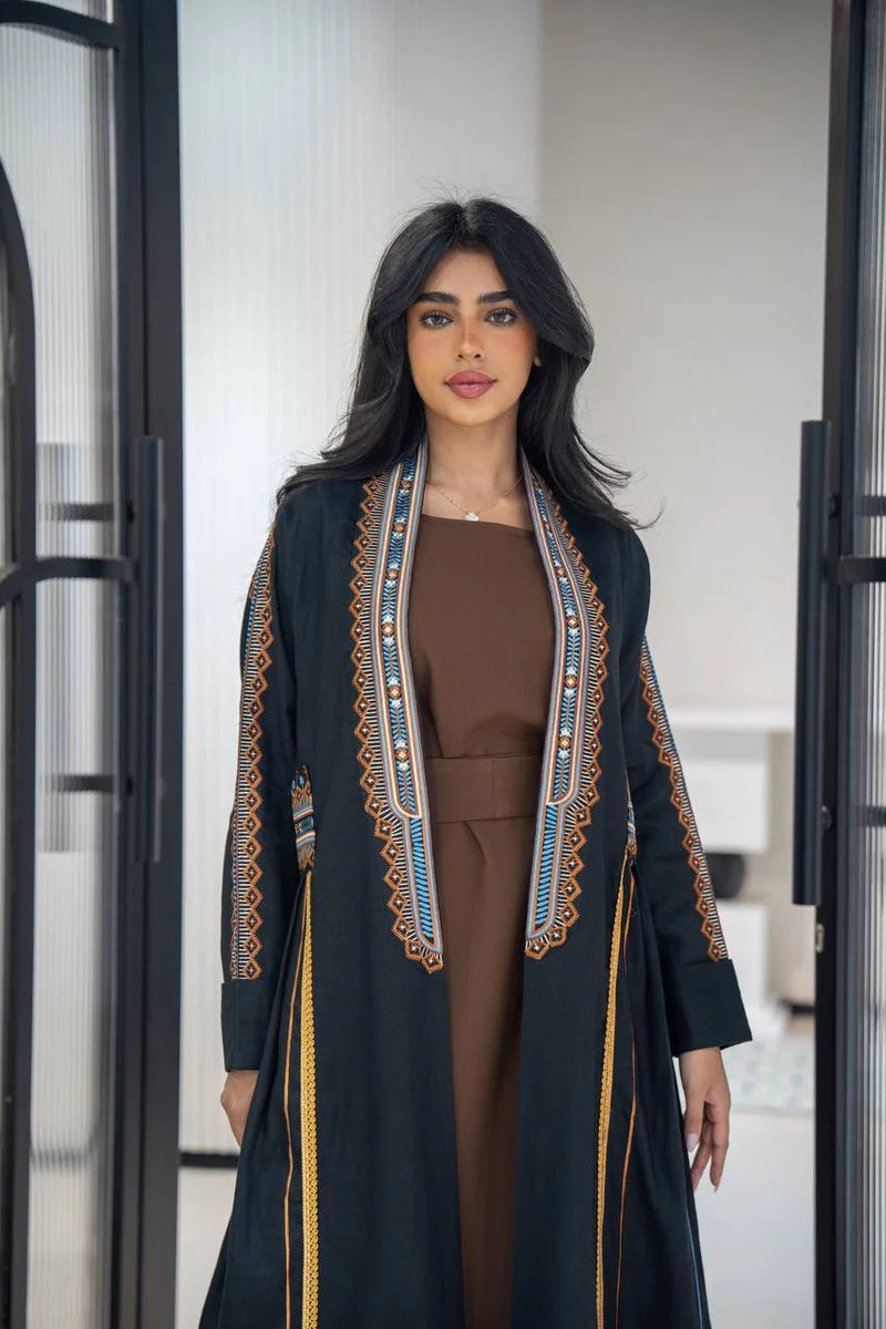 Black linen abaya with embroidery C:6605