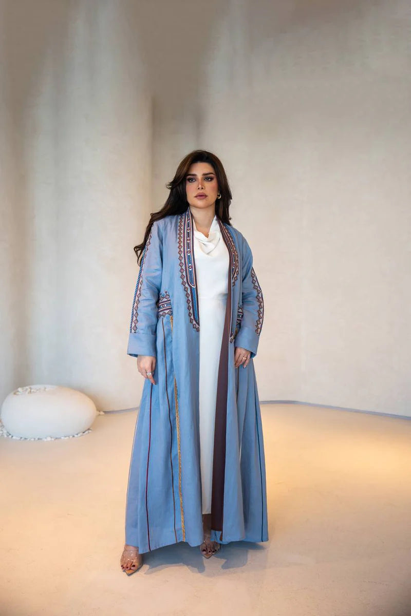Sky blue linen abaya with embroidery C:6605
