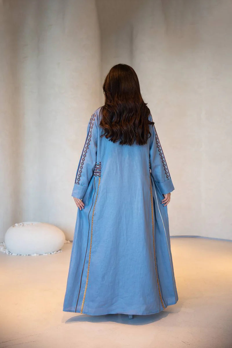 Sky blue linen abaya with embroidery C:6605