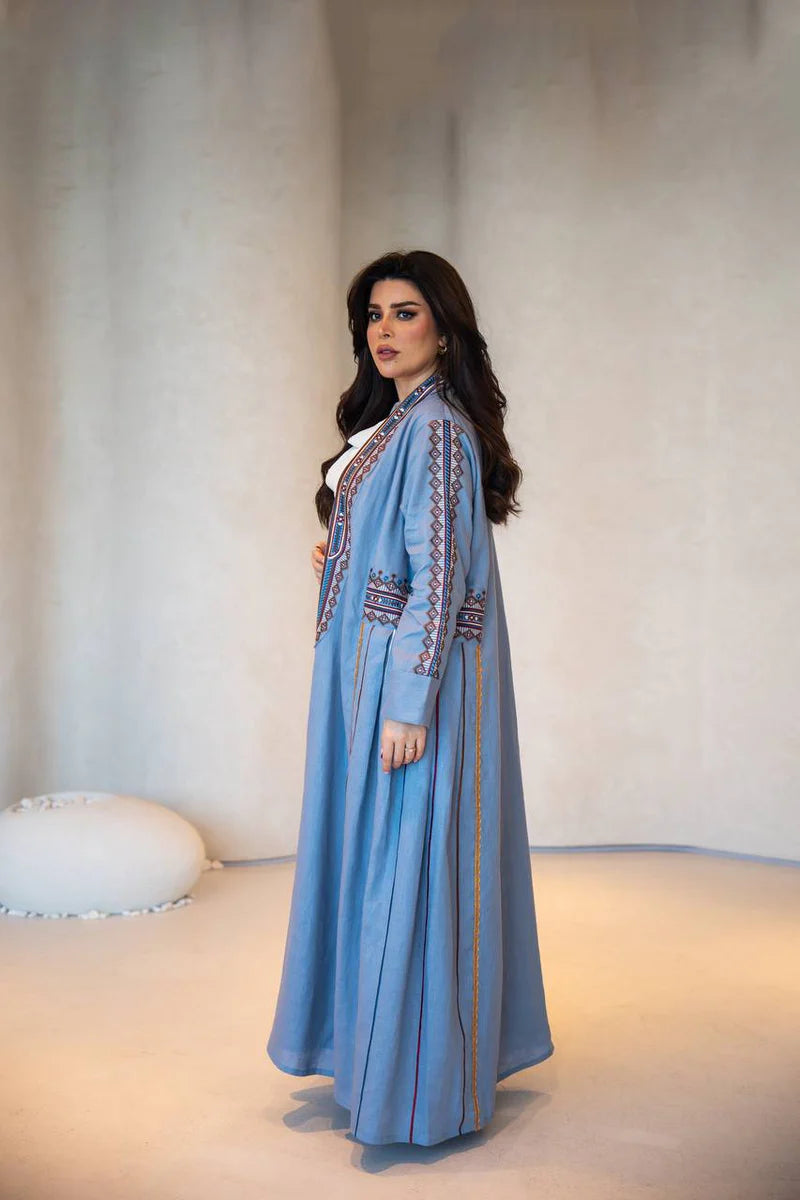 Sky blue linen abaya with embroidery C:6605