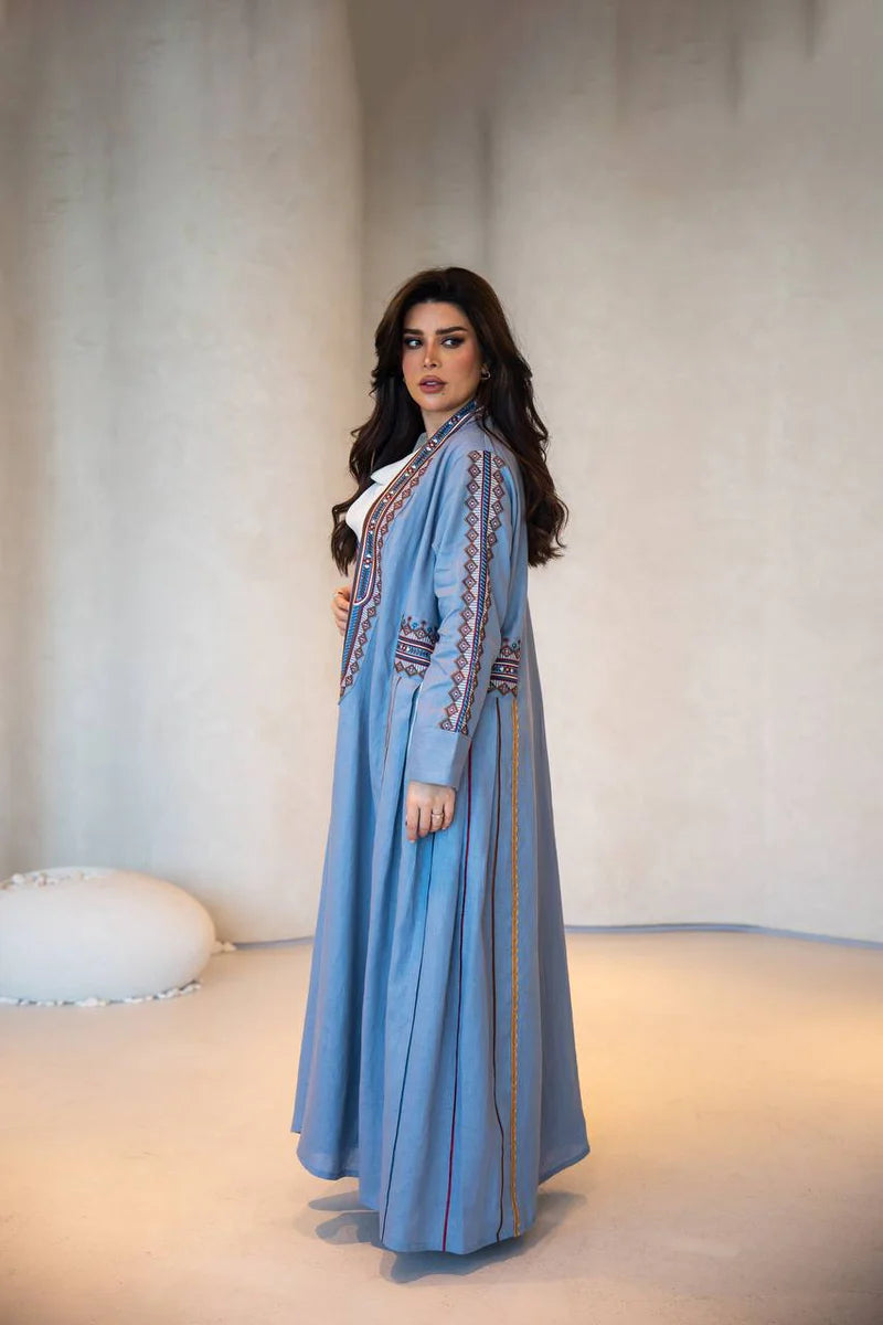 Sky blue linen abaya with embroidery C:6605