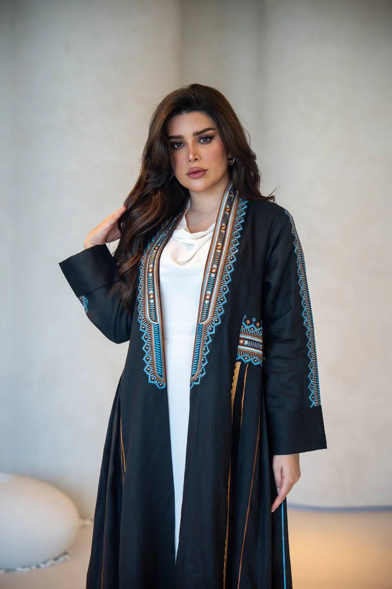 Black Linen Abaya with Embroidery C:6605 Black/Blue