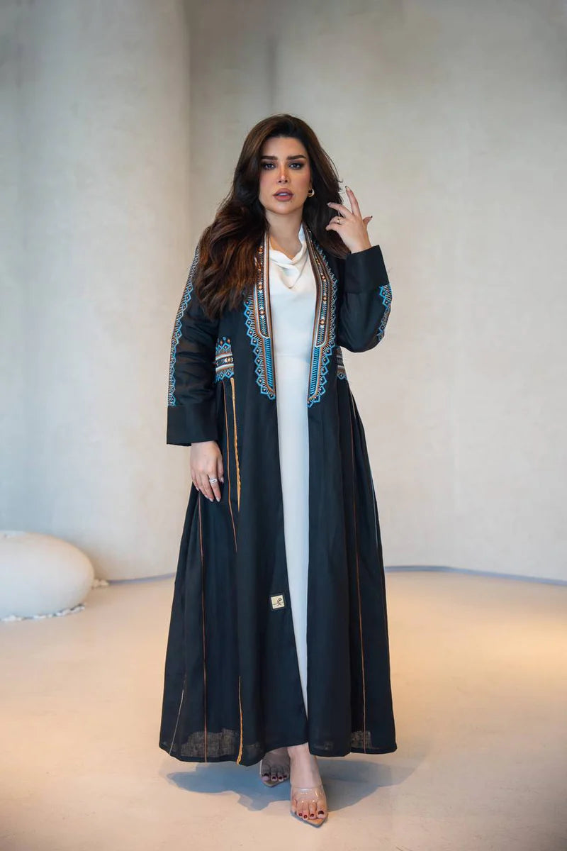 Black Linen Abaya with Embroidery C:6605 Black/Blue