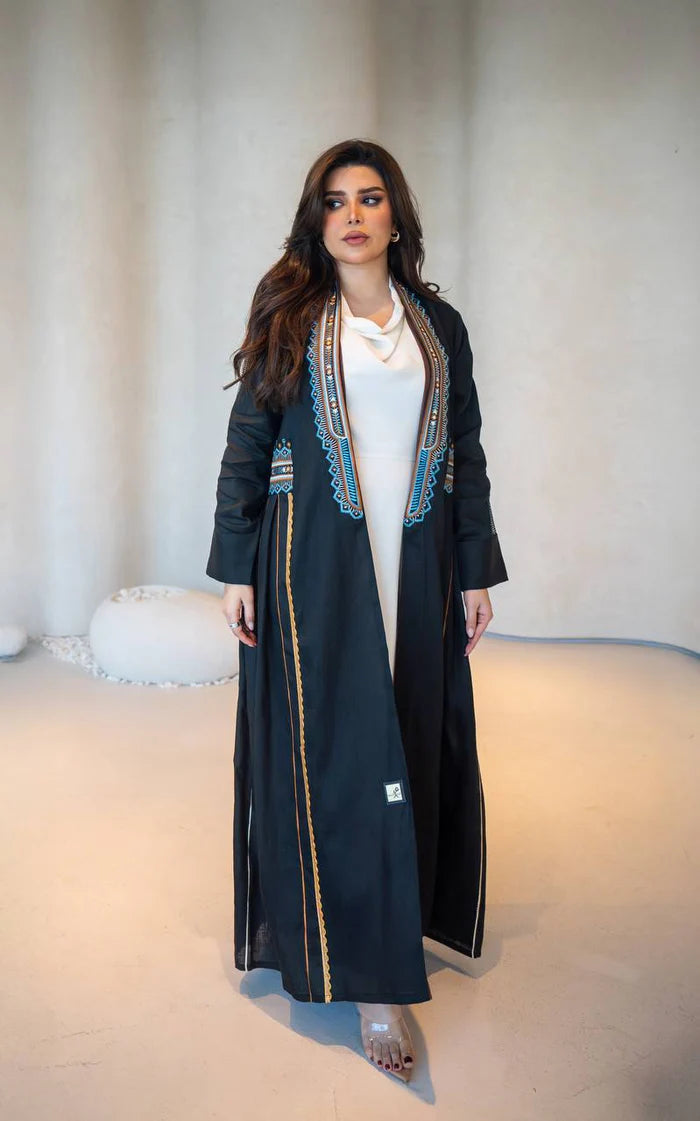 Black Linen Abaya with Embroidery C:6605 Black/Blue