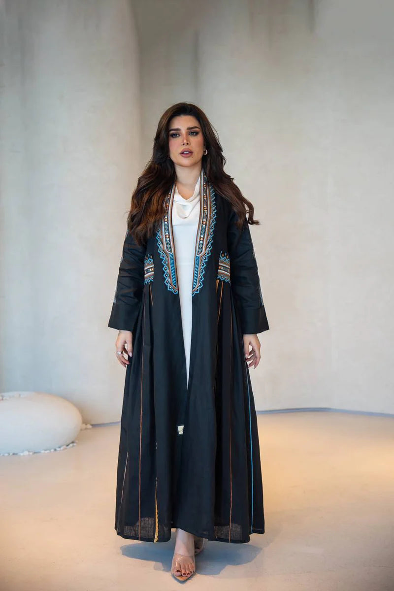 Black Linen Abaya with Embroidery C:6605 Black/Blue