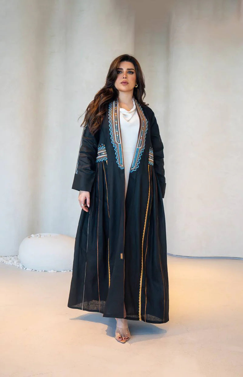 Black Linen Abaya with Embroidery C:6605 Black/Blue