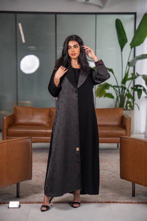Black crepe blazer abaya with jacquard fabric C:6626