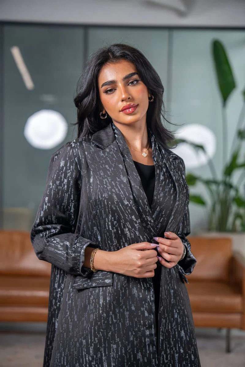 Black and gray crepe jacquard blazer abaya C:6627