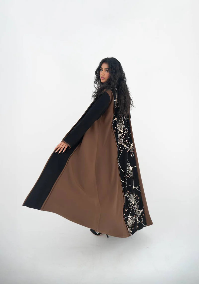 Brown and black crepe abaya with embroidery C:6644