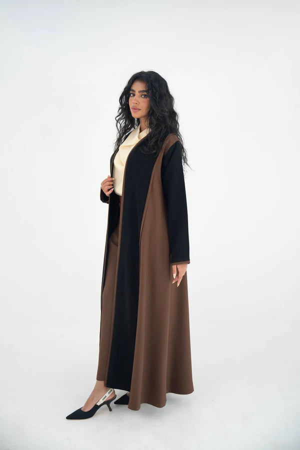 Brown and black crepe abaya with embroidery C:6644