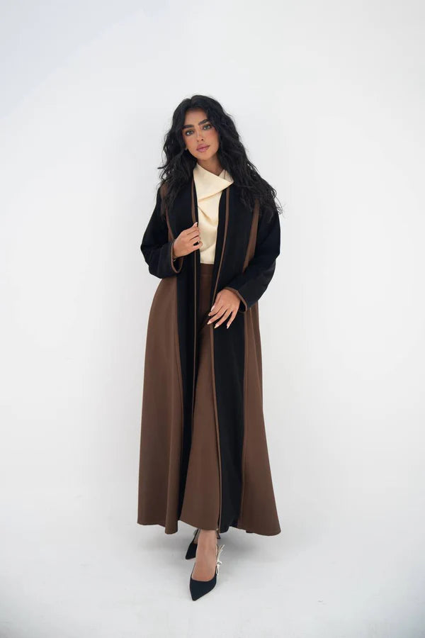 Brown and black crepe abaya with embroidery C:6644