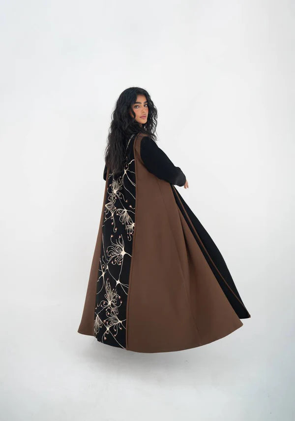 Brown and black crepe abaya with embroidery C:6644