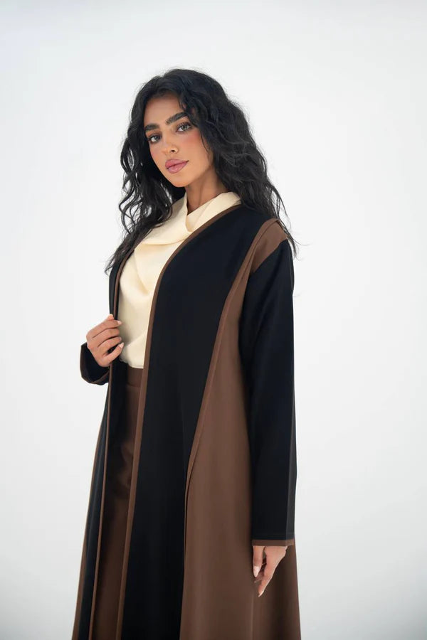 Brown and black crepe abaya with embroidery C:6644