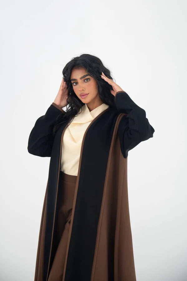 Brown and black crepe abaya with embroidery C:6644