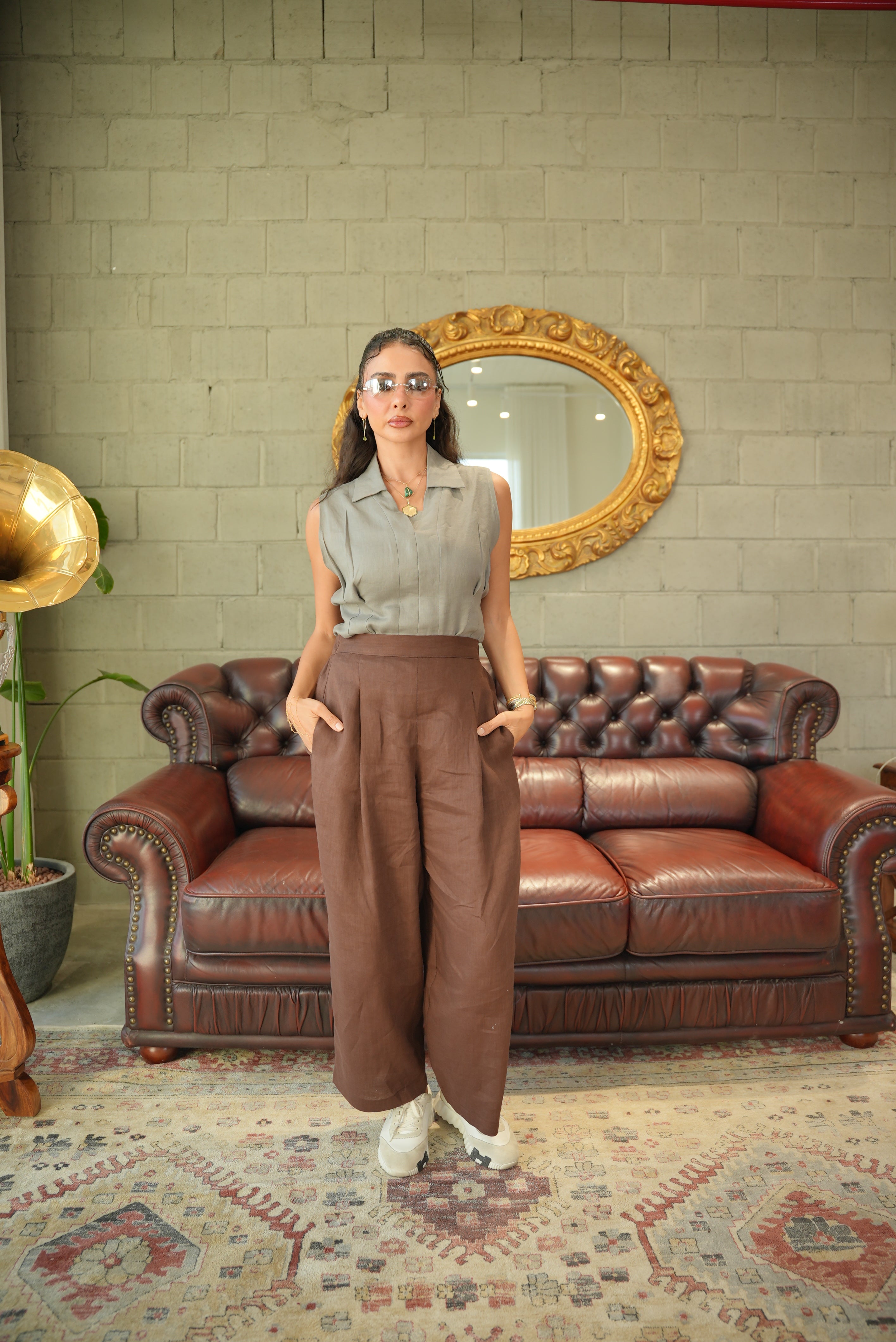 Light Grey Blouse with Brown Linen Pants SeT-1957