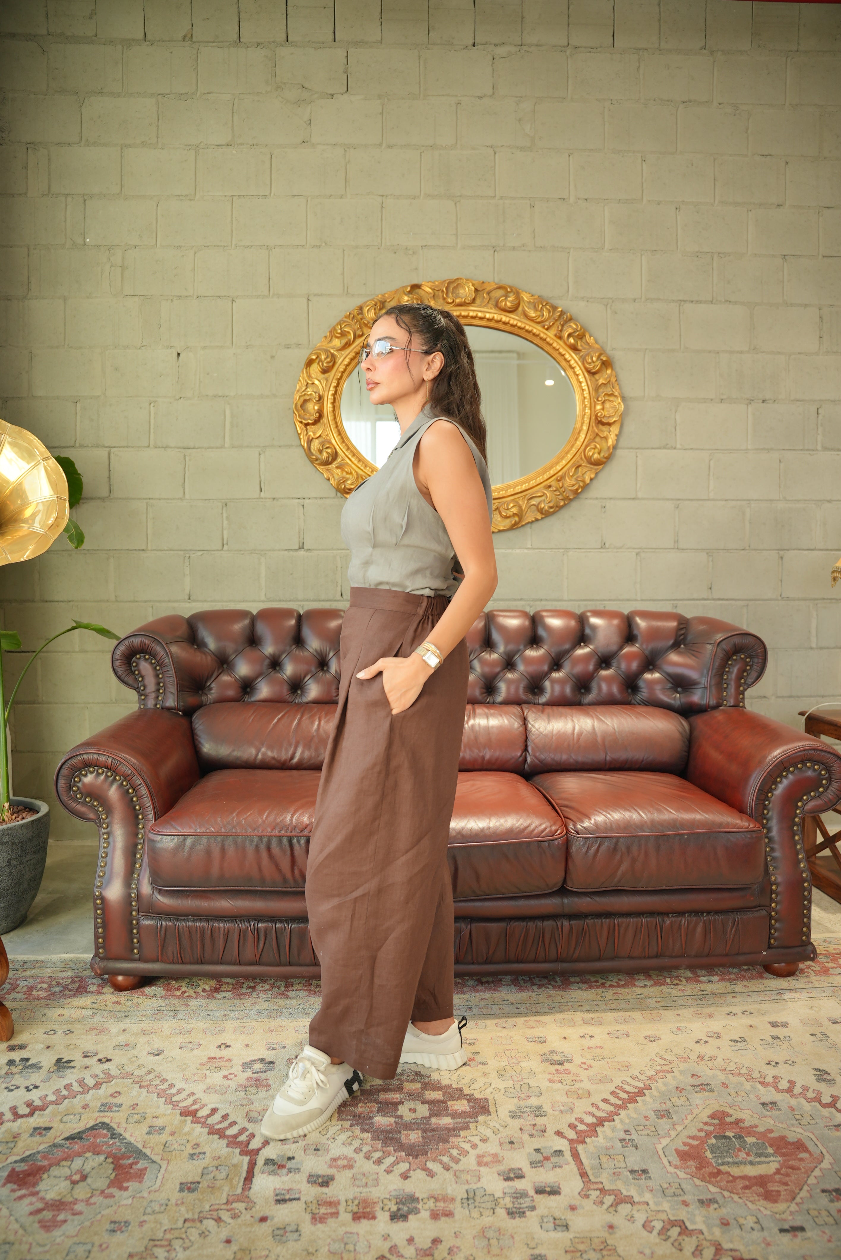 Light Grey Blouse with Brown Linen Pants SeT-1957