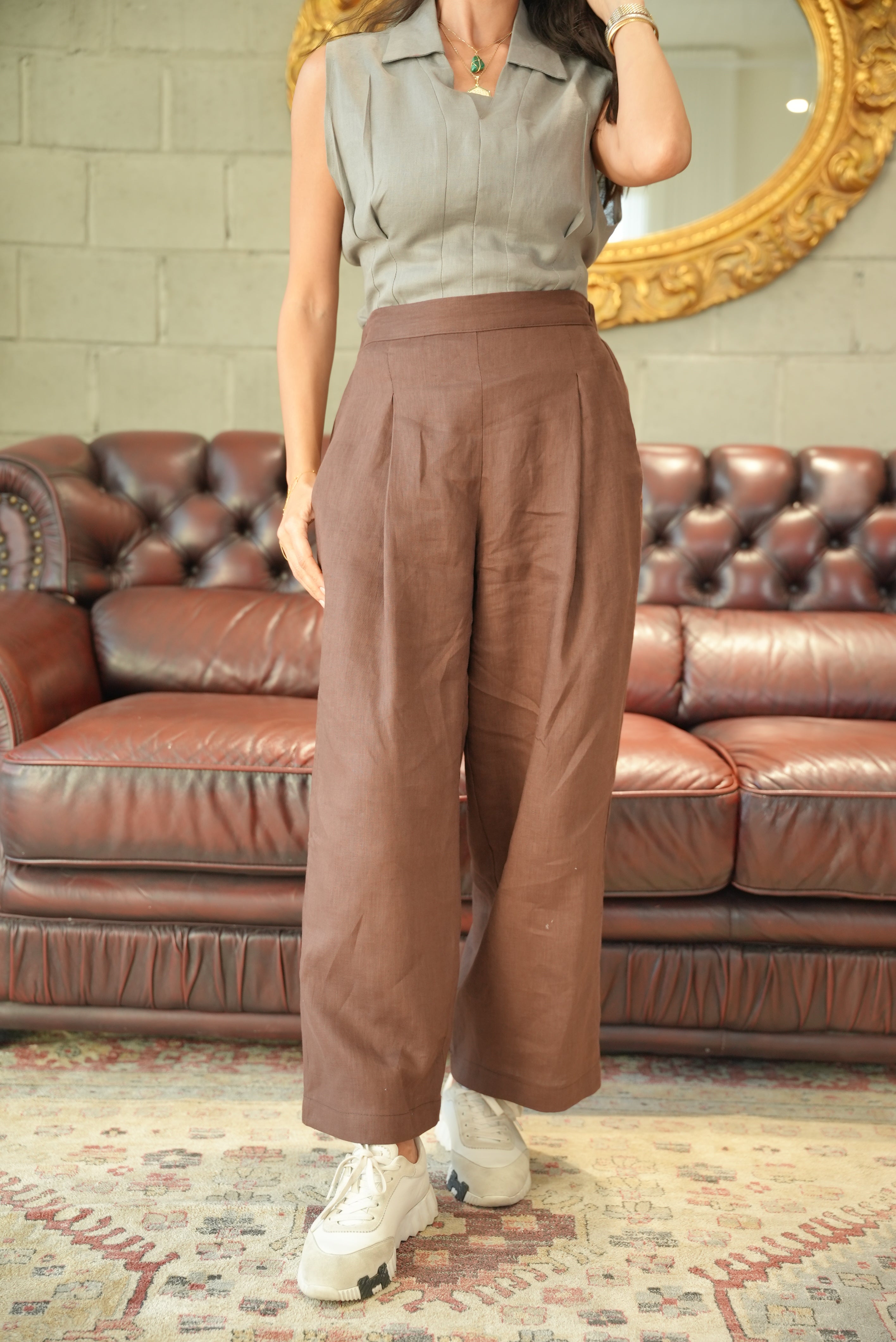 Light Grey Blouse with Brown Linen Pants SeT-1957