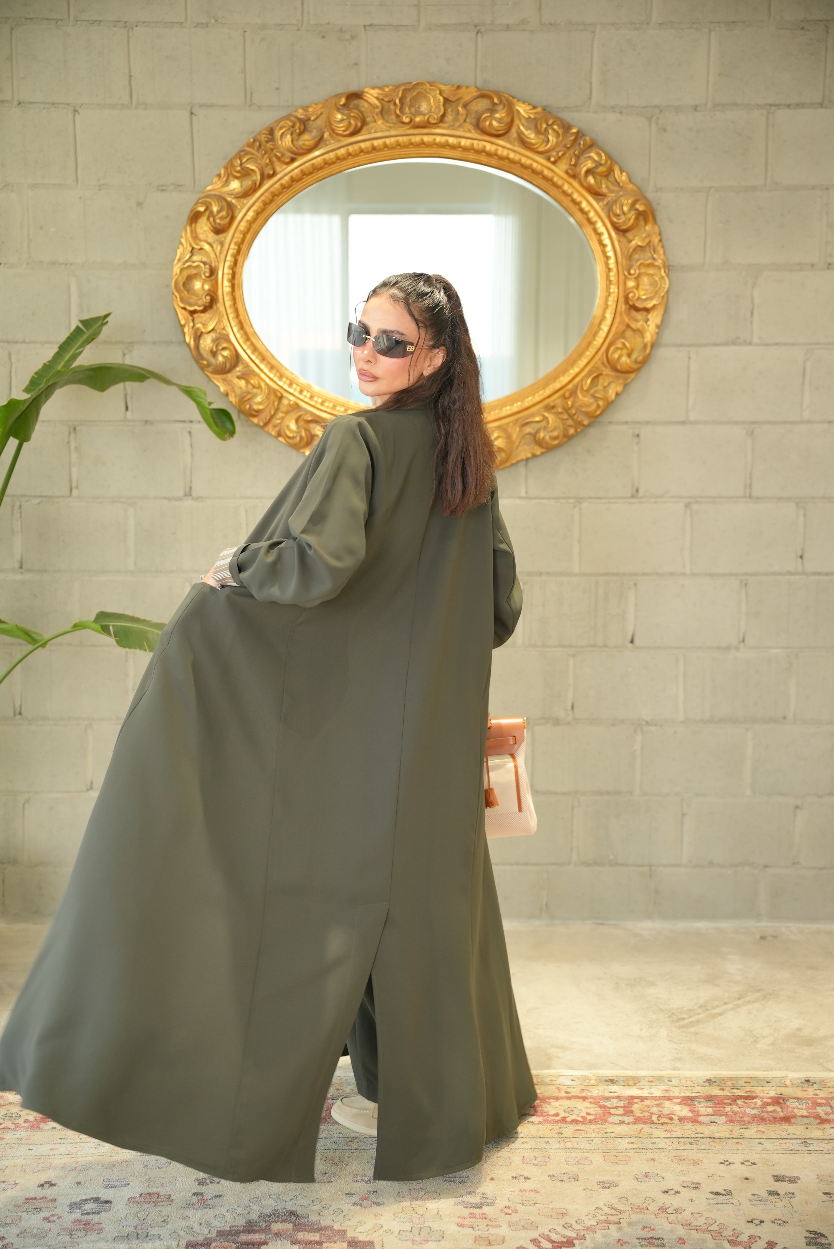 Olive Crepe Abaya with Striped Trim -1959