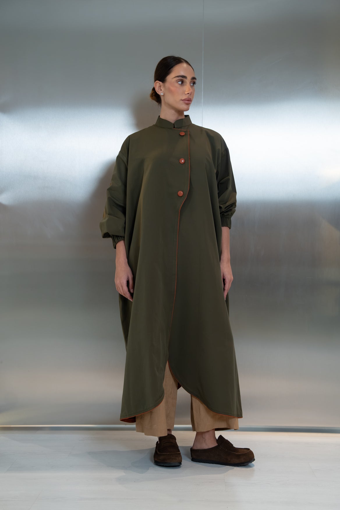 Trench coat abaya in green with camel trim(free size) -2043