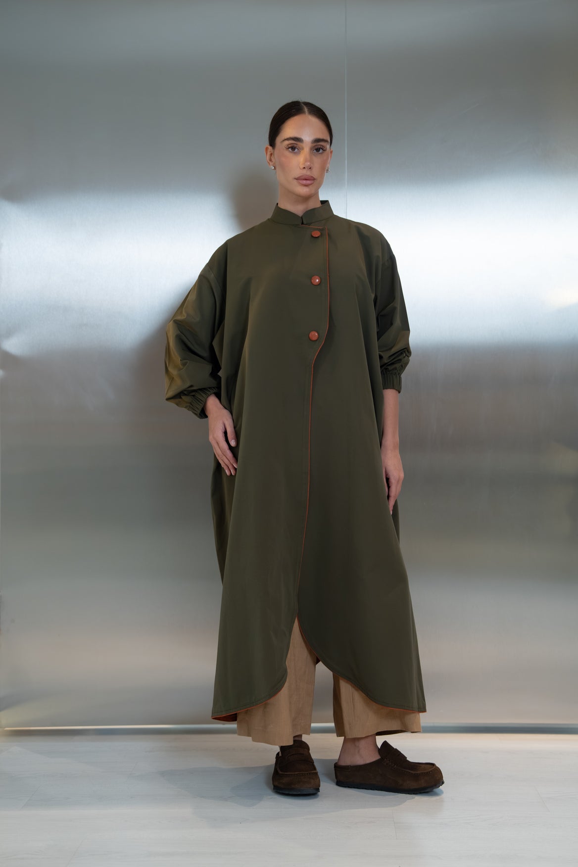 Trench coat abaya in green with camel trim(free size) -2043
