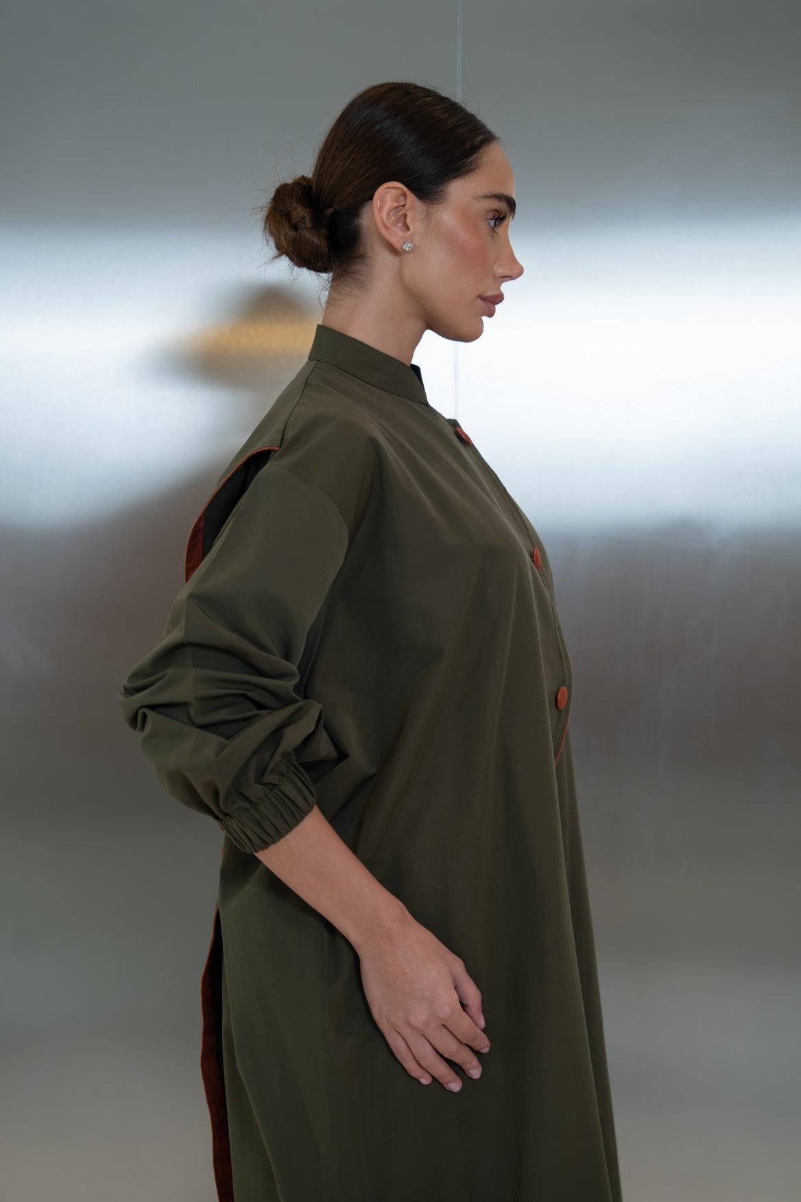 Trench coat abaya in green with camel trim(free size) -2043