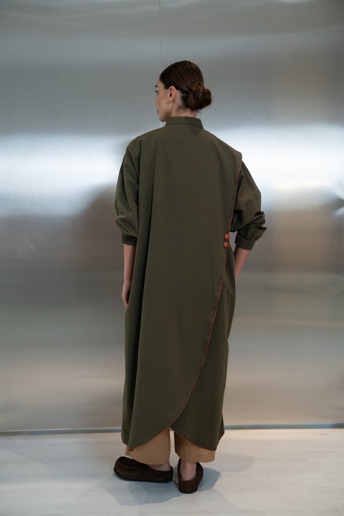 Trench coat abaya in green with camel trim(free size) -2043