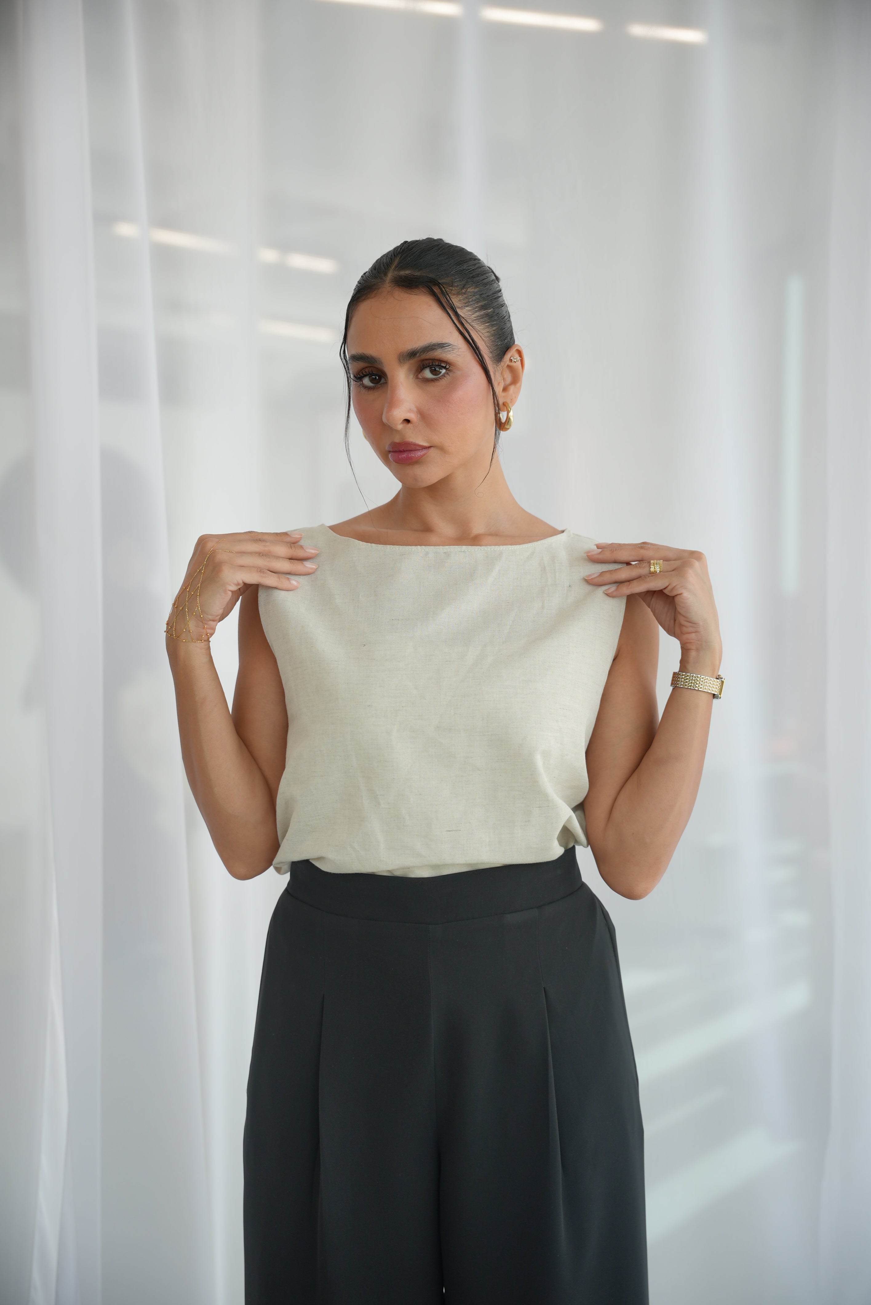 Off-White Linen Blouse with Black Crepe Pants -1952