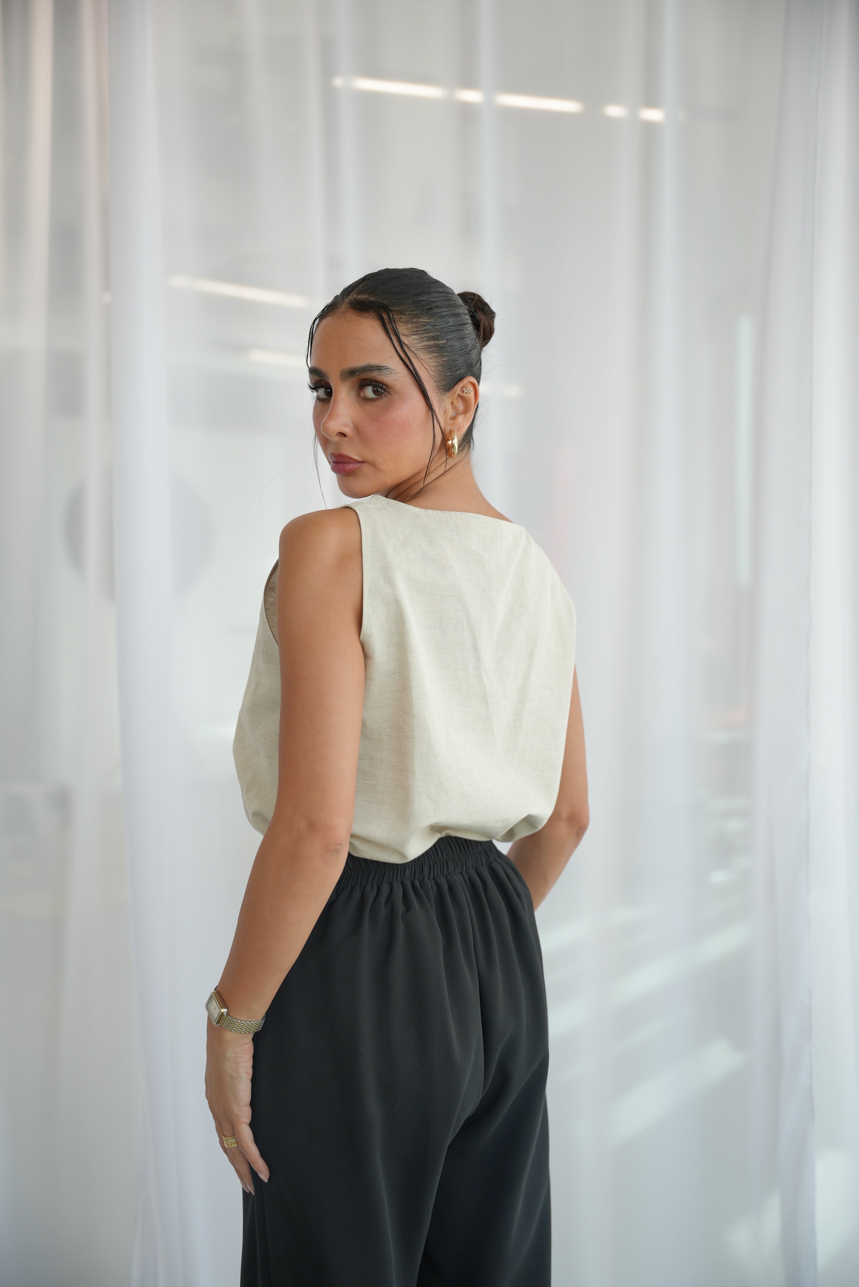 Off-White Linen Blouse with Black Crepe Pants -1952