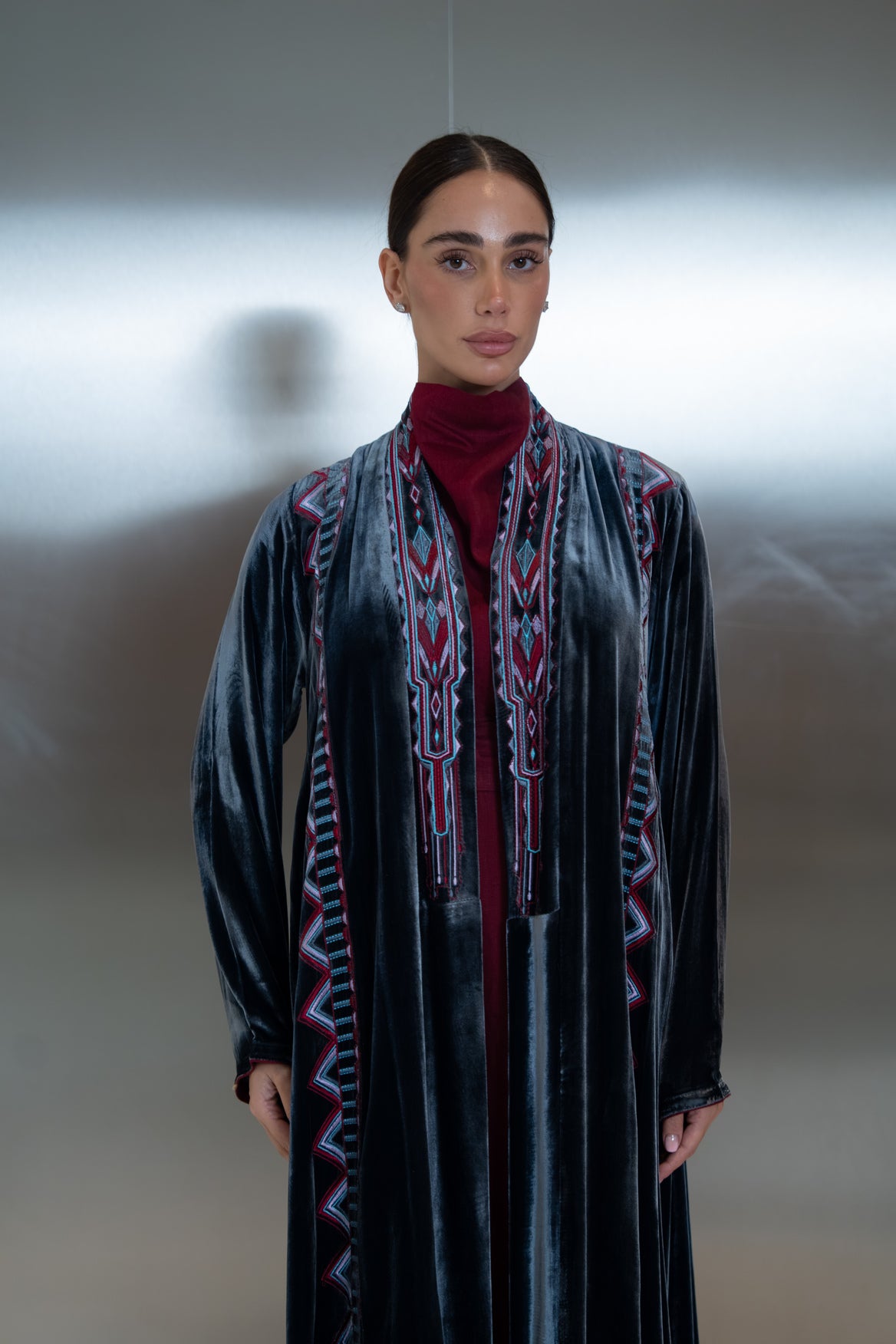 Grey Velvet Embroidered Abaya -2040