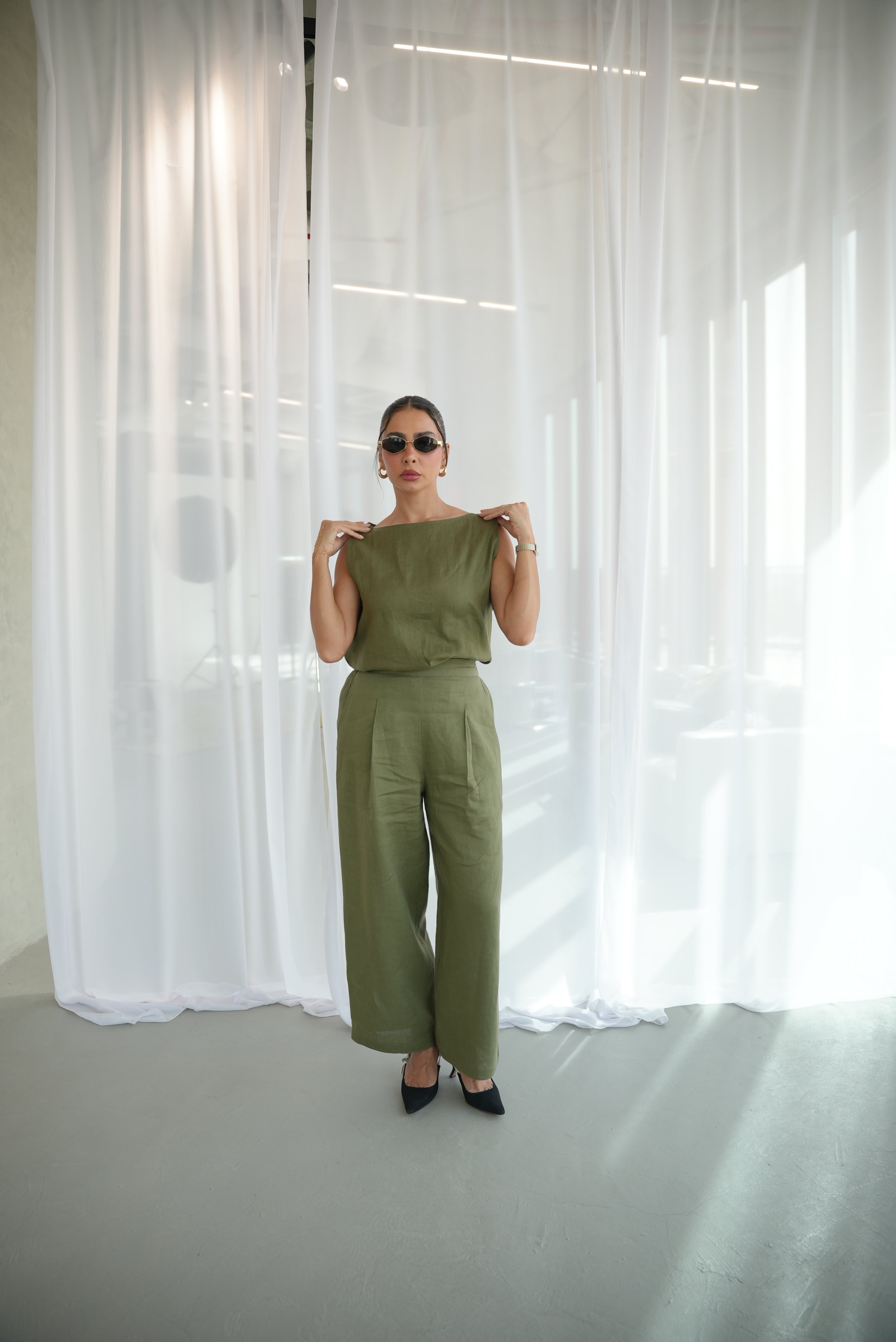 Olive Linen Blouse & Pants Set-1953