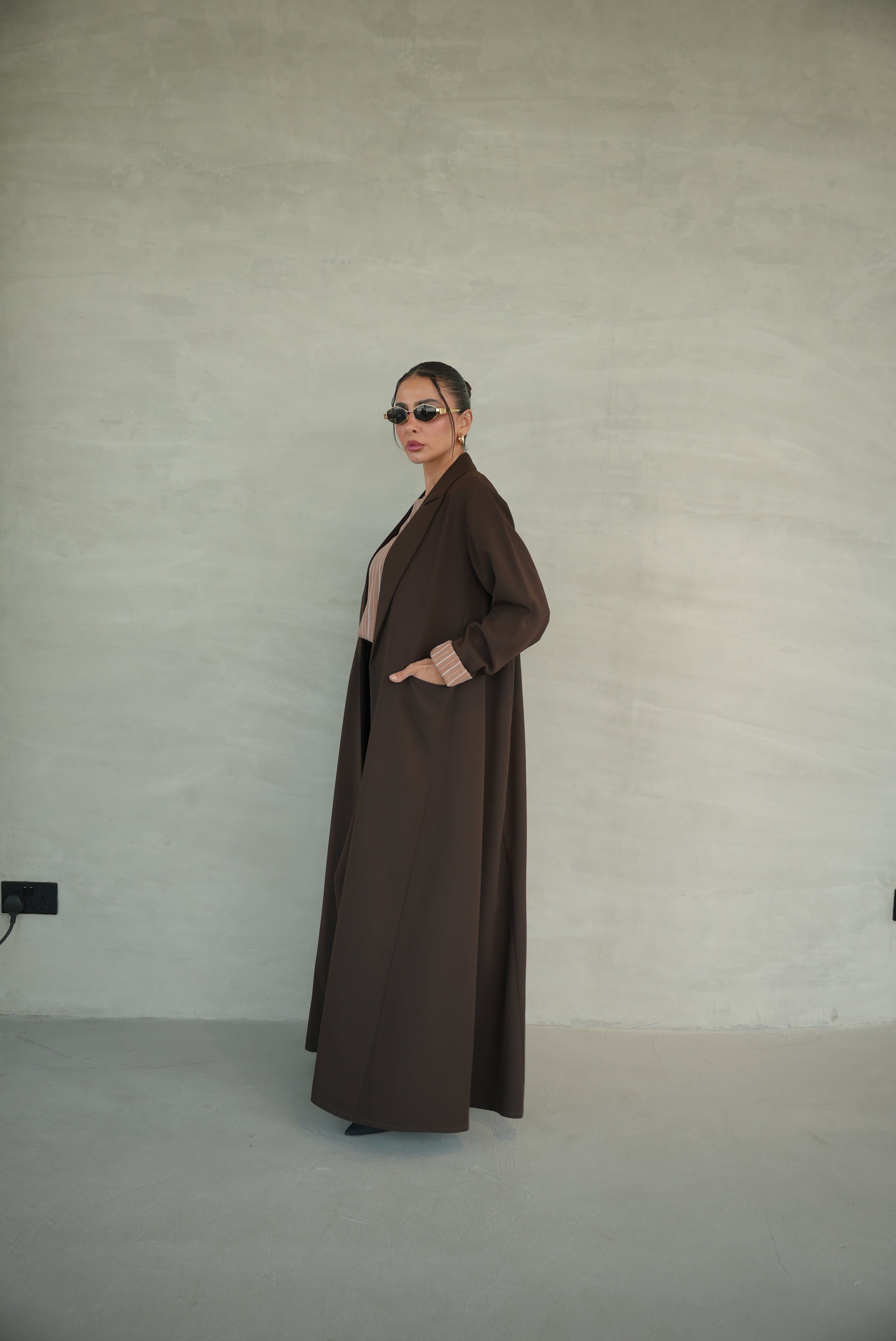 Brown Crepe Abaya with Striped Trim-1947