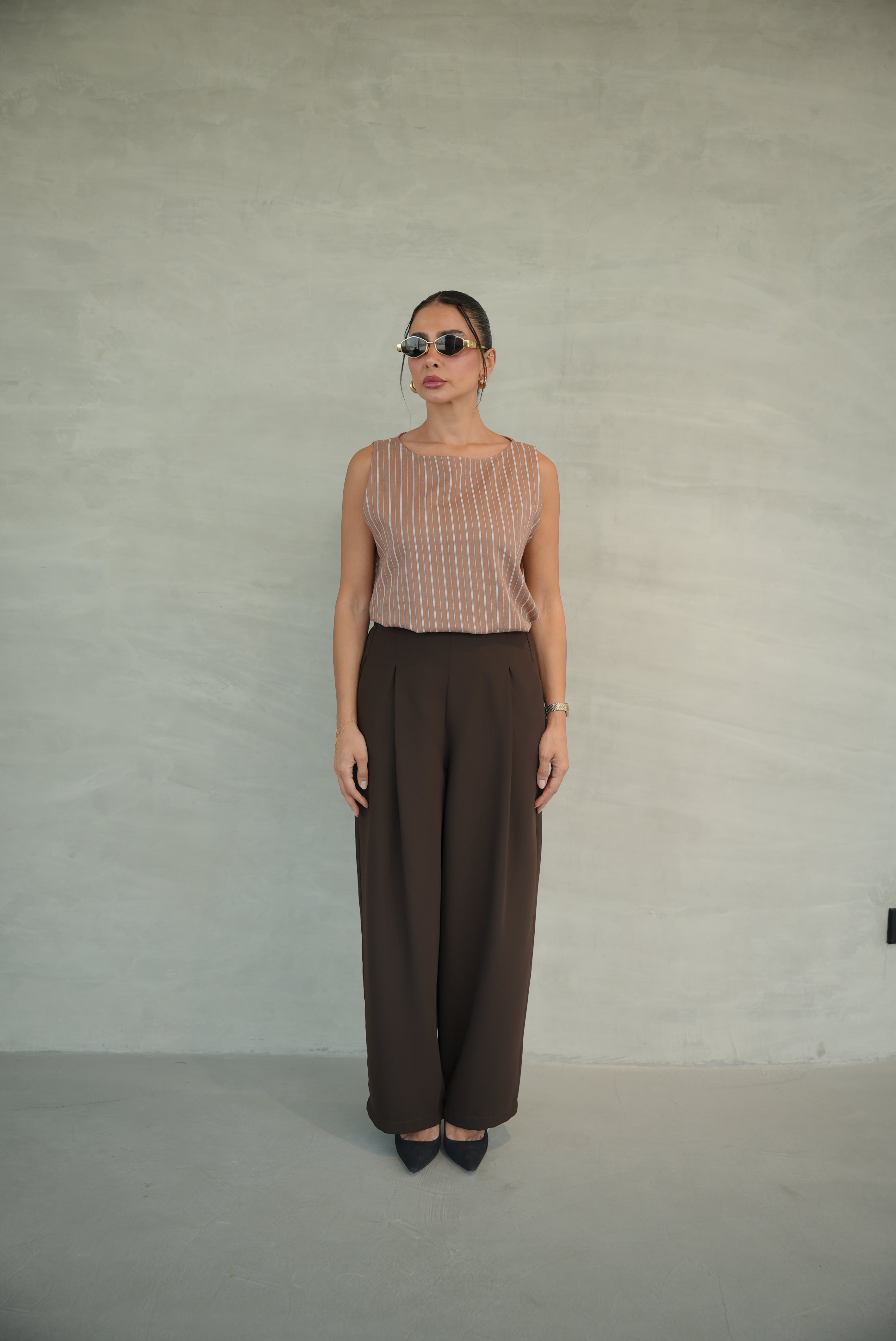 Beige Striped Crepe Blouse with Brown Crepe Pants-1954