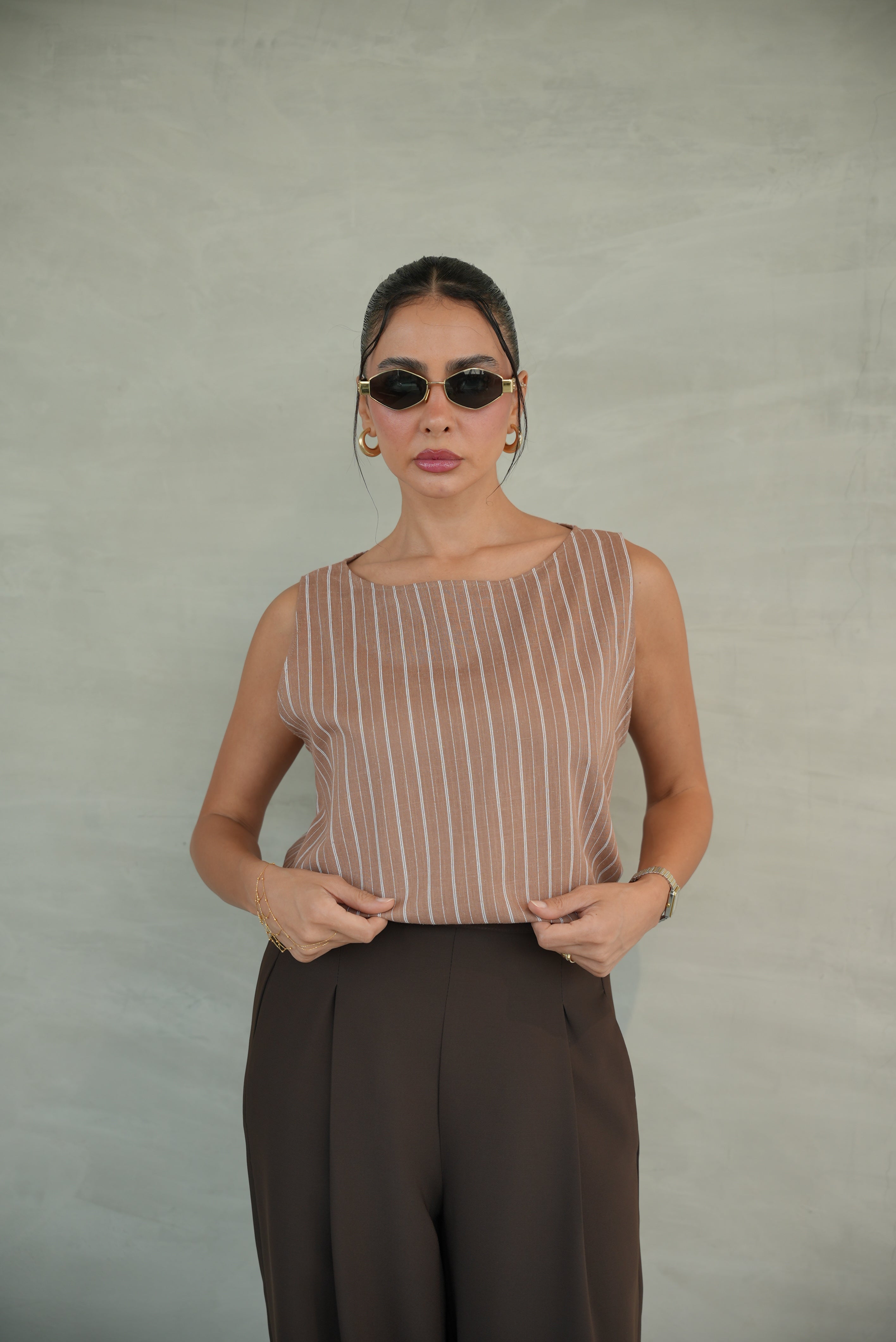 Beige Striped Crepe Blouse with Brown Crepe Pants-1954